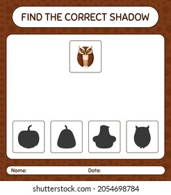 Find the correct shadows game with owl. worksheet for preschool kids, kids activity sheet