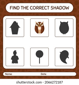 Find the correct shadows game with owl. worksheet for preschool kids, kids activity sheet