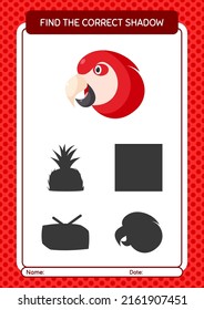 Encuentra el juego de sombras correcto con loro. hoja de trabajo para niños de preescolar, hoja de actividades para niños