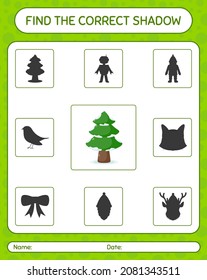 Find the correct shadows game with pine tree. worksheet for preschool kids, kids activity sheet