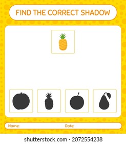 Find the correct shadows game with pineapple. worksheet for preschool kids, kids activity sheet