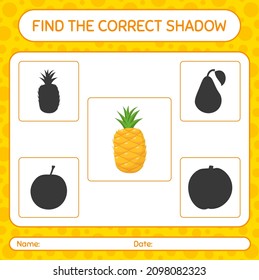 Find the correct shadows game with pineapple. worksheet for preschool kids, kids activity sheet