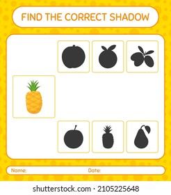 Find the correct shadows game with pineapple. worksheet for preschool kids, kids activity sheet