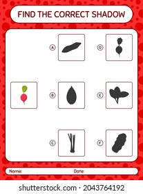 Encuentra el juego de sombras correcto con rábano. hoja de trabajo para niños de preescolar, hoja de actividades para niños