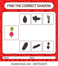 Find the correct shadows game with radish. worksheet for preschool kids, kids activity sheet