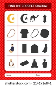 Find the correct shadows game with ramadan icon. worksheet for preschool kids, kids activity sheet