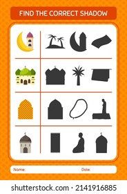 Find the correct shadows game with ramadan icon. worksheet for preschool kids, kids activity sheet