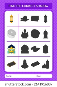 Find the correct shadows game with ramadan icon. worksheet for preschool kids, kids activity sheet