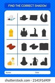 Find the correct shadows game with ramadan icon. worksheet for preschool kids, kids activity sheet