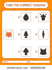 Find the correct shadows game with red fox. worksheet for preschool kids, kids activity sheet