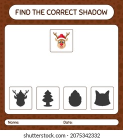 Find the correct shadows game with reindeer. worksheet for preschool kids, kids activity sheet