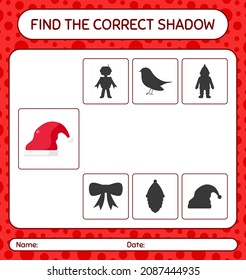 Find the correct shadows game with santa hat. worksheet for preschool kids, kids activity sheet