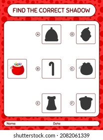 Find the correct shadows game with santa's bag. worksheet for preschool kids, kids activity sheet