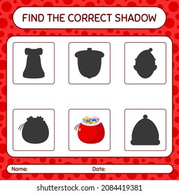 Find the correct shadows game with santa's bag. worksheet for preschool kids, kids activity sheet