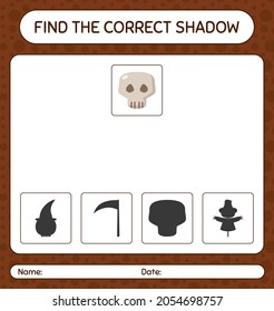 Find the correct shadows game with skull. worksheet for preschool kids, kids activity sheet
