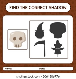 Find the correct shadows game with skull. worksheet for preschool kids, kids activity sheet