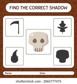 Find the correct shadows game with skull. worksheet for preschool kids, kids activity sheet