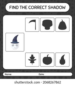 Find the correct shadows game with skull. worksheet for preschool kids, kids activity sheet