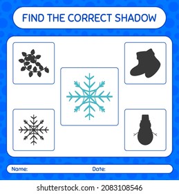 Find the correct shadows game with snowflake. worksheet for preschool kids, kids activity sheet