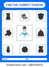 Find the correct shadows game with snowman. worksheet for preschool kids, kids activity sheet
