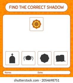 Find the correct shadows game with spider web. worksheet for preschool kids, kids activity sheet