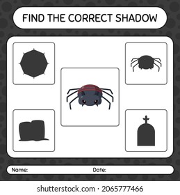 Find the correct shadows game with spider. worksheet for preschool kids, kids activity sheet