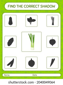 Find the correct shadows game with spring onion. worksheet for preschool kids, kids activity sheet