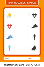 Find the correct shadows game with summer icon. worksheet for preschool kids, kids activity sheet