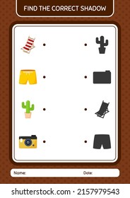 Find the correct shadows game with summer icon. worksheet for preschool kids, kids activity sheet