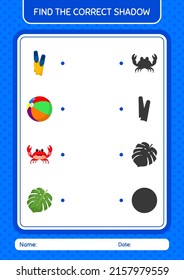 Find the correct shadows game with summer icon. worksheet for preschool kids, kids activity sheet