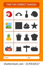 Find the correct shadows game with summer icon. worksheet for preschool kids, kids activity sheet
