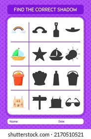 Find the correct shadows game with summer icon. worksheet for preschool kids, kids activity sheet