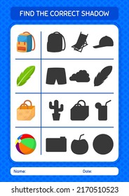 Find the correct shadows game with summer icon. worksheet for preschool kids, kids activity sheet