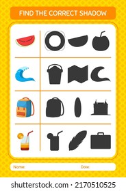 Find the correct shadows game with summer icon. worksheet for preschool kids, kids activity sheet