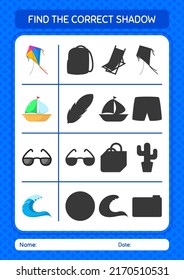 Find the correct shadows game with summer icon. worksheet for preschool kids, kids activity sheet