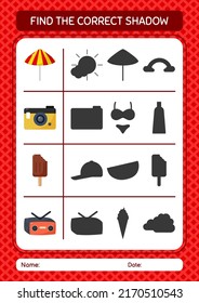 Find the correct shadows game with summer icon. worksheet for preschool kids, kids activity sheet