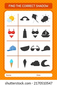 Find the correct shadows game with summer icon. worksheet for preschool kids, kids activity sheet