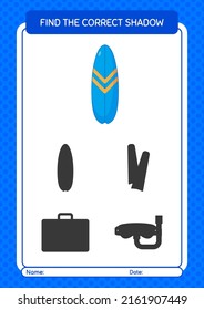 Find the correct shadows game with surfboard. worksheet for preschool kids, kids activity sheet