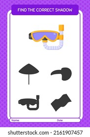 Encuentre el juego de sombras correcto con gafas de natación. hoja de trabajo para niños de preescolar, hoja de actividades para niños