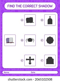 Encuentra el juego de sombras correcto con tombstone. hoja de trabajo para niños de preescolar, hoja de actividades para niños