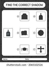 Find the correct shadows game with tombstone. worksheet for preschool kids, kids activity sheet