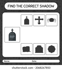 Find the correct shadows game with tombstone. worksheet for preschool kids, kids activity sheet