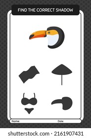 Find the correct shadows game with toucan. worksheet for preschool kids, kids activity sheet