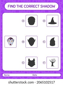 Finden Sie das richtige Schattenspiel mit Vampire. Arbeitsblatt für Vorschulkinder, Kinderaktivität