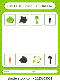 Find the correct shadows game with vegetables. worksheet for preschool kids, kids activity sheet