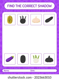 Encuentra el juego de sombras correcto con verduras. hoja de trabajo para niños de preescolar, hoja de actividades para niños