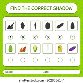 Find the correct shadows game with vegetables. worksheet for preschool kids, kids activity sheet