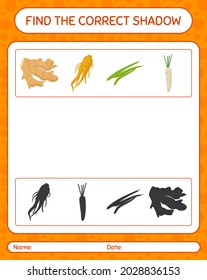 Find the correct shadows game with vegetables. worksheet for preschool kids, kids activity sheet