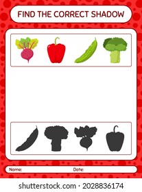 Find the correct shadows game with vegetables. worksheet for preschool kids, kids activity sheet