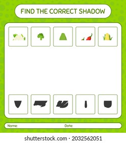 Find the correct shadows game with vegetables. worksheet for preschool kids, kids activity sheet